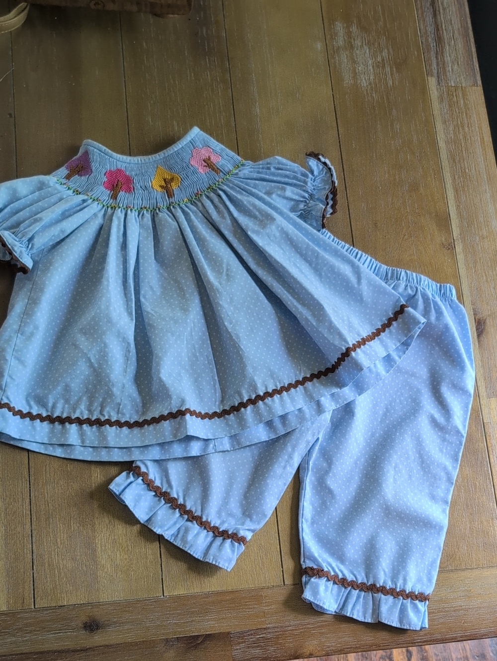 Smocktions Blue Polka Dot Dress Top & Pantaloons Sz 12 Months